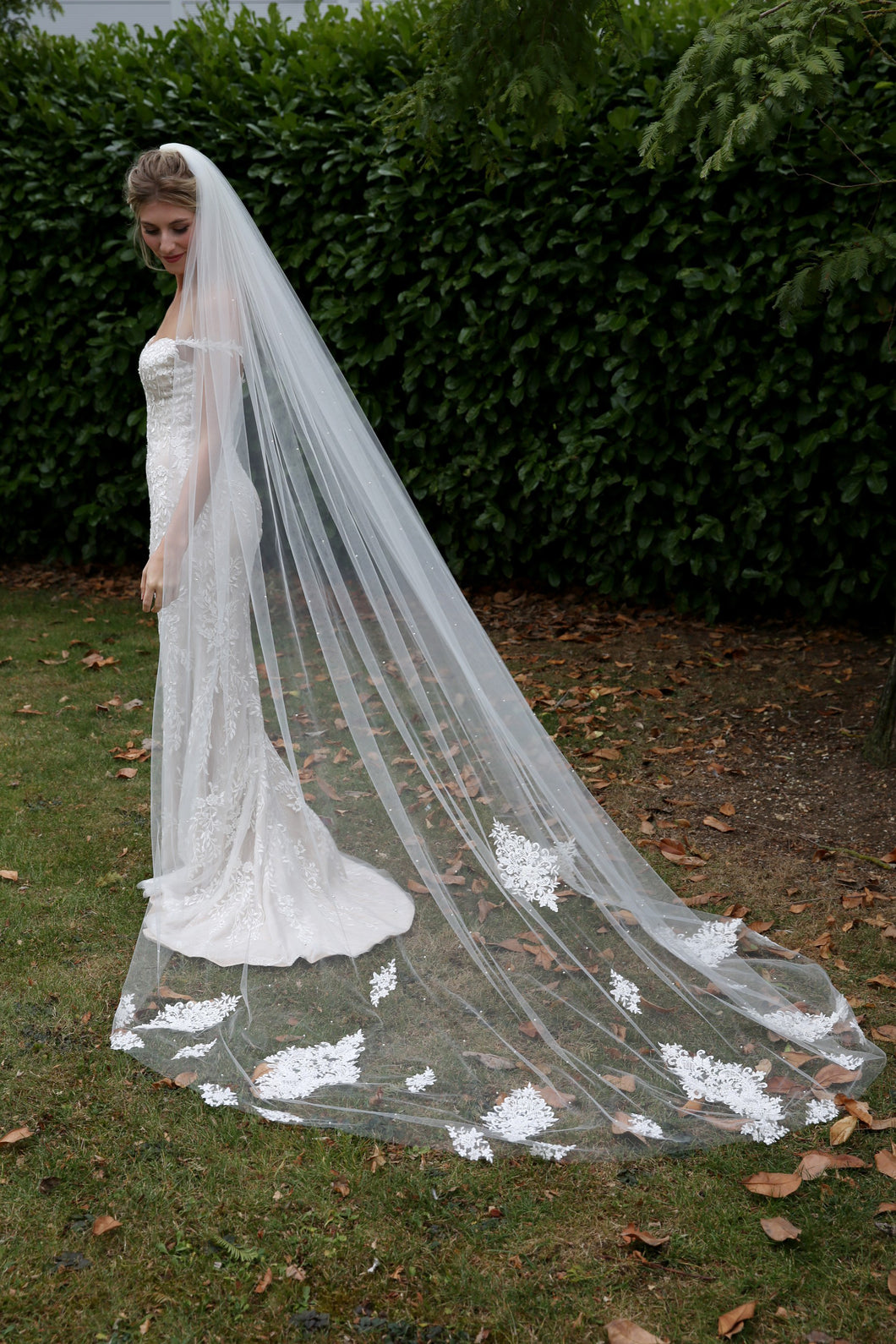 Bridal Apparel Lace Train Veil with Pearl || CGC575B